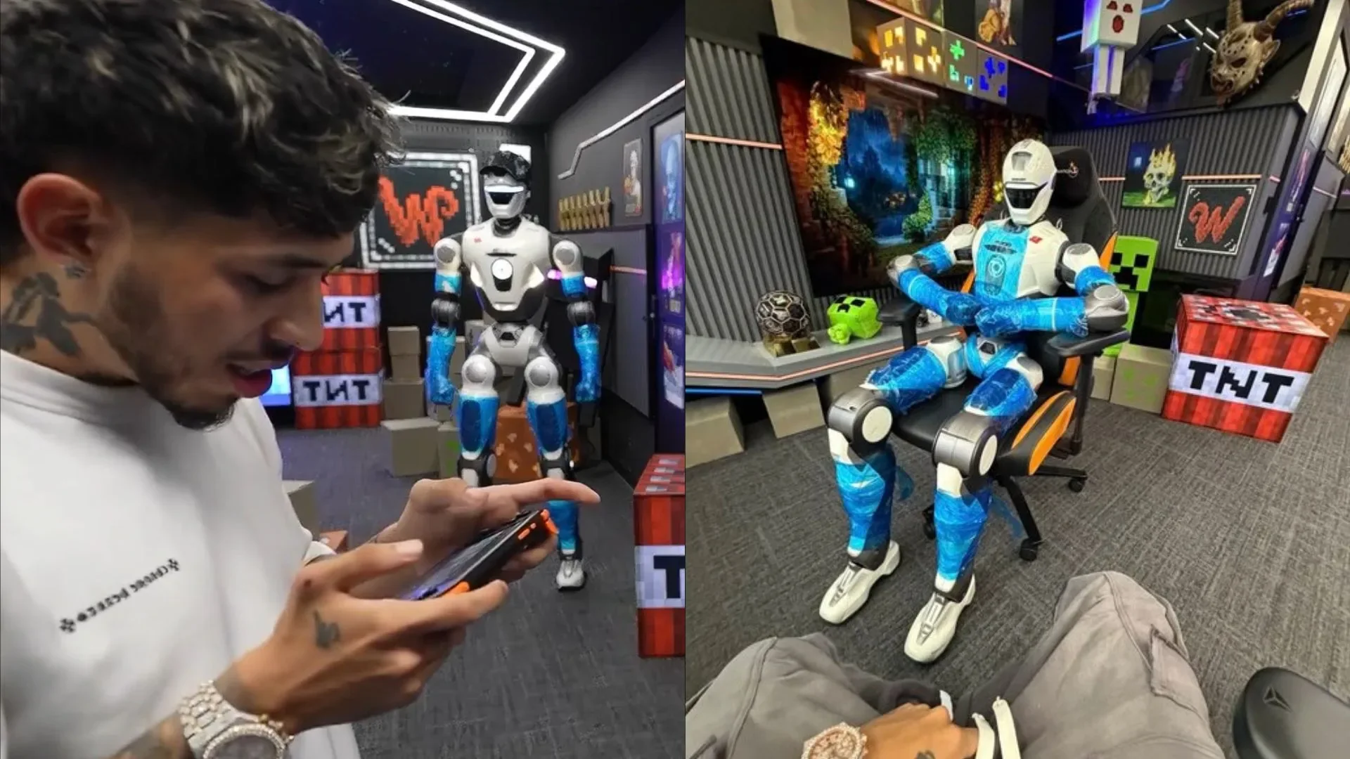 El streamer Westcol controlando un robot humanoide azul y blanco en su estudio de transmisiones.