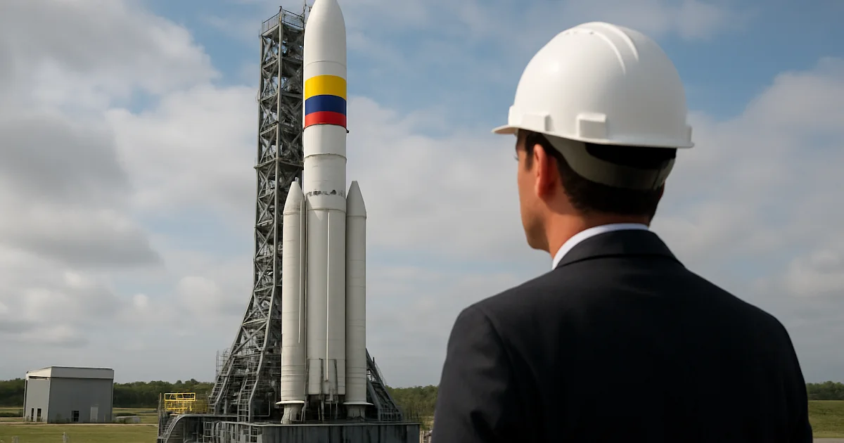 Cohete espacial despegando, simbolizando el impulso a la ciencia y la tecnología en Colombia.