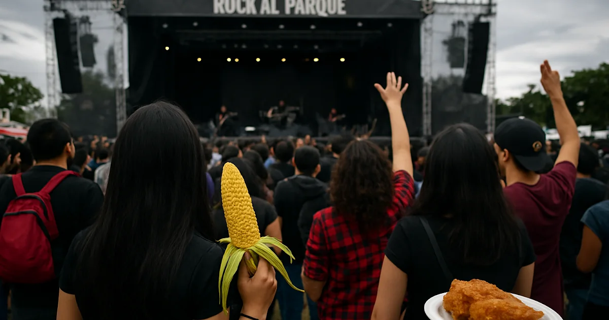 Asistentes disfrutando de los conciertos y la gastronomía típica en el festival Rock al Parque en Bogotá.