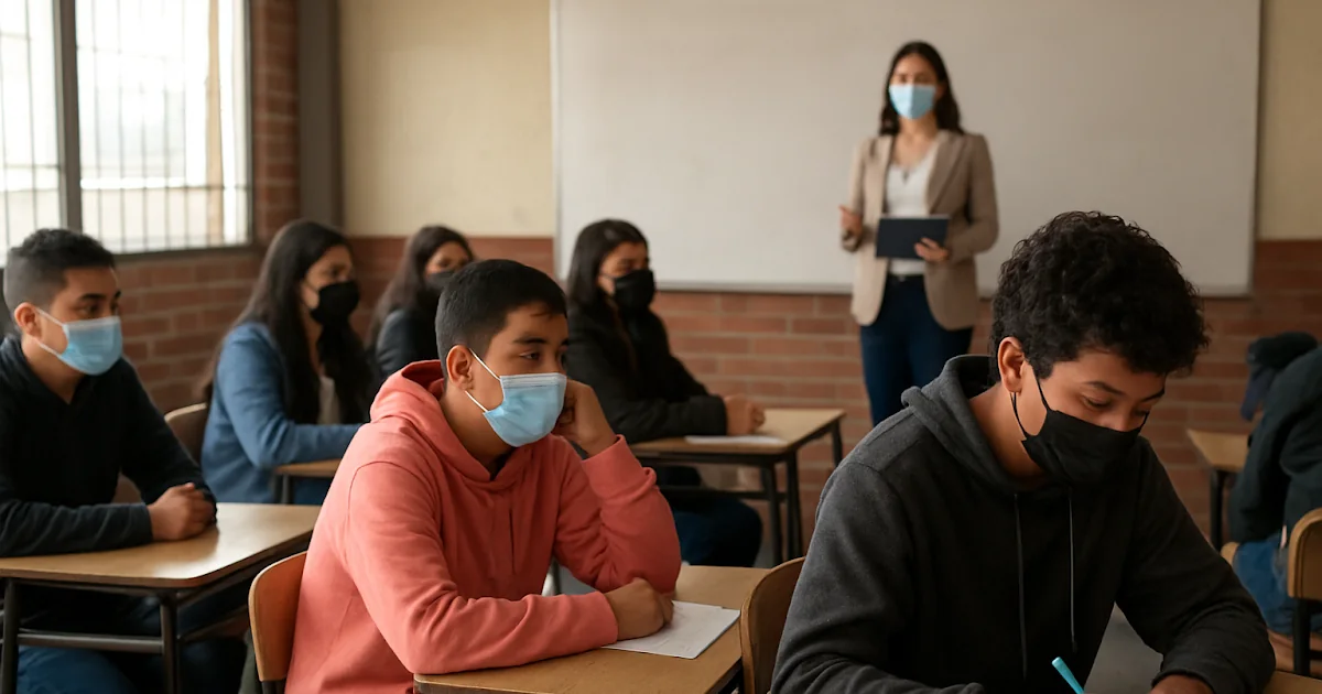 Estudiantes caminando por los pasillos de un colegio público en Bogotá durante la jornada escolar.