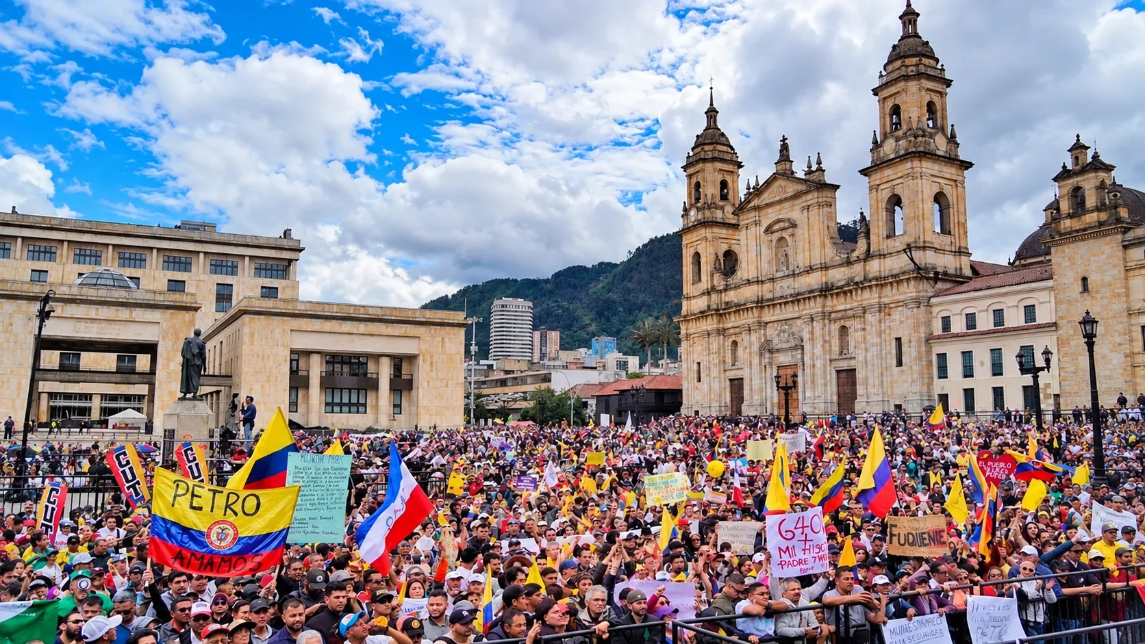 Manifestantes con pancartas y banderas marchando por una avenida principal en Colombia.