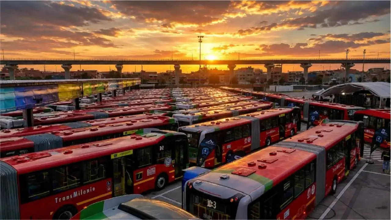 Agentes de la fuerza pública y buses articulados de TransMilenio durante una jornada de protestas en Bogotá.