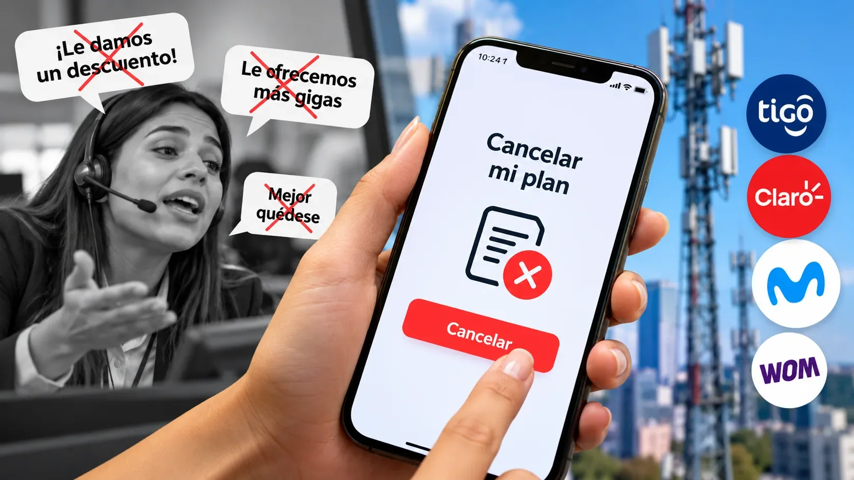 Persona utilizando su teléfono móvil en Colombia, simbolizando la cancelación de servicios sin trámites molestos.